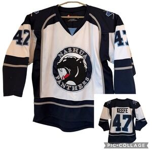 Nashua Panthers Hockey Jersey Keefe 47 Navy White Small Sewn Menace Sport